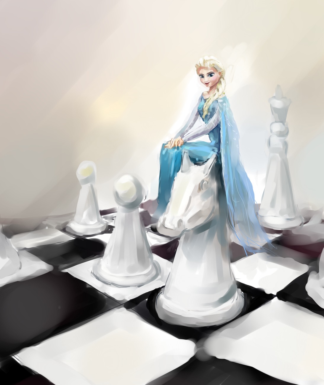 1girl blonde_hair blue_eyes braid checkered chess chess_piece dress elsa frozen long_hair pun sitting smile solo too_literal