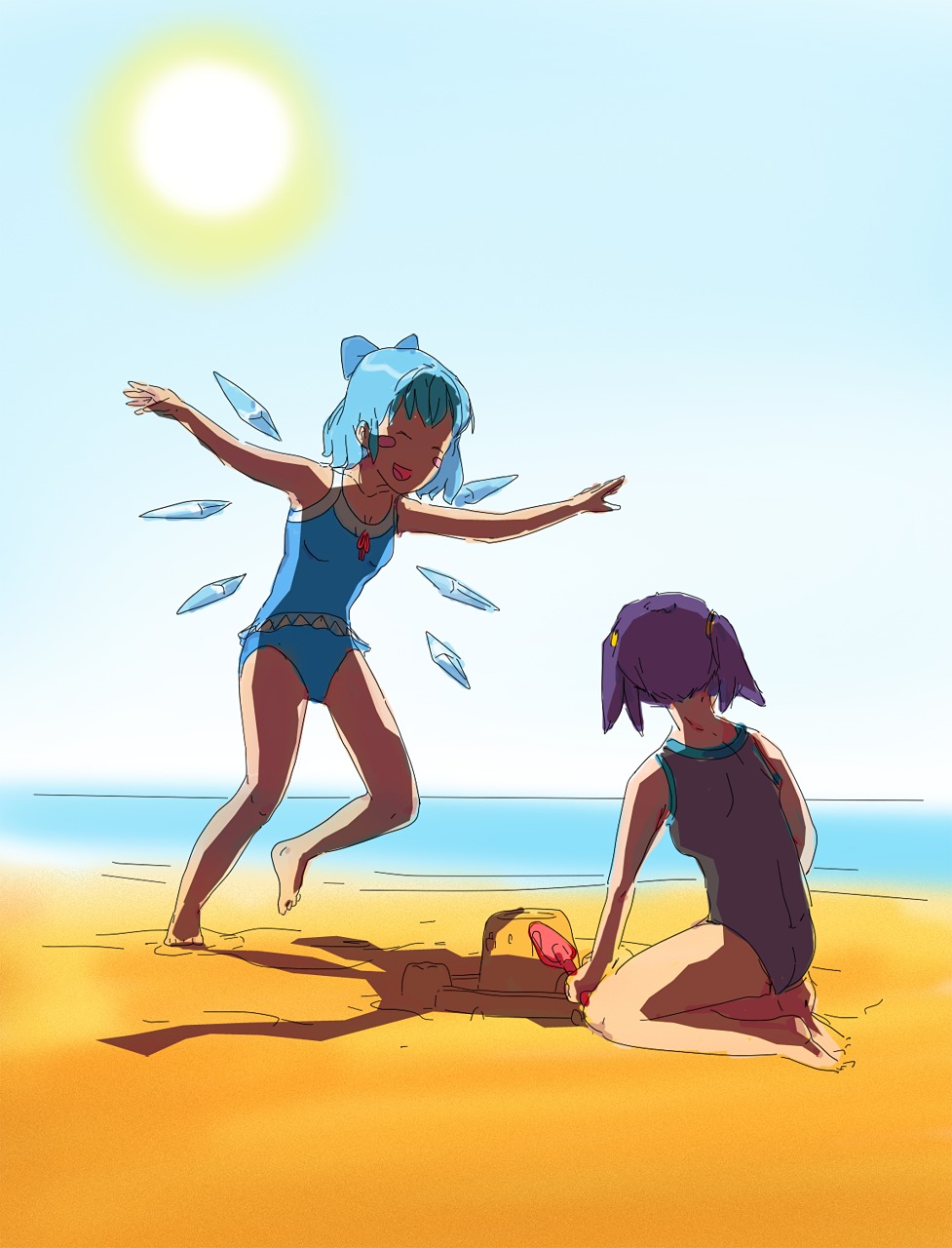 beach blue_hair blush blush_stickers bow cirno closed_eyes jumping purple_hair sand sand_castle smile summer sun swimsuit touhou twintails unyl-chan wings