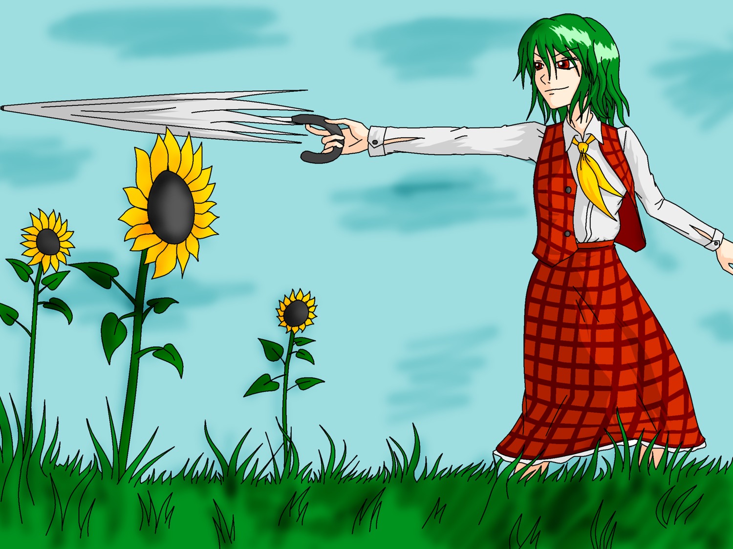 flower grass green_hair kazami_yuuka nature outdoors red_eyes short_hair sky sunflower /to/ touhou umbrella