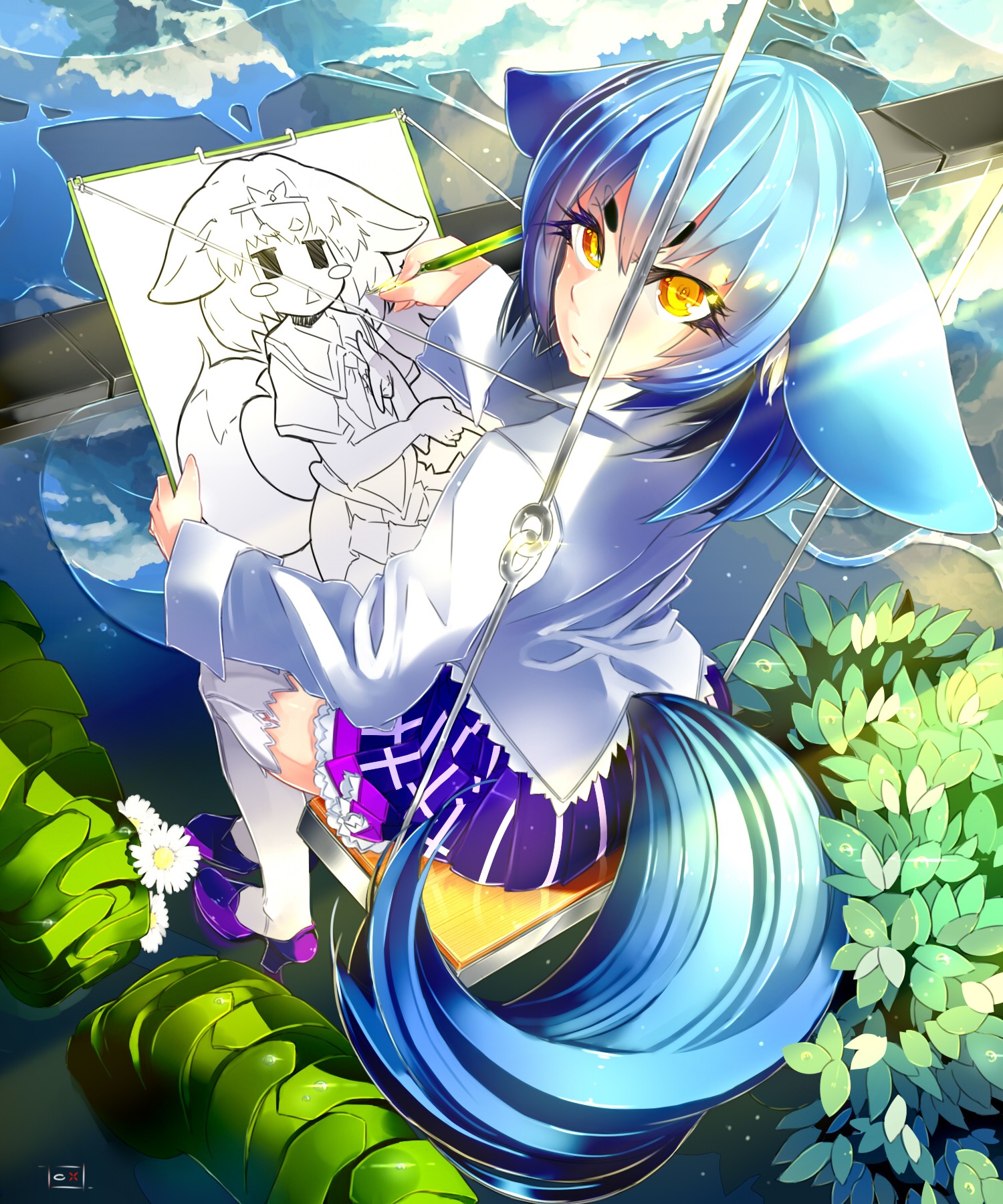 animal_ears blue_hair drawing flower looking_at_viewer oxykoma_(artist) sitting sky tail yellow_eyes