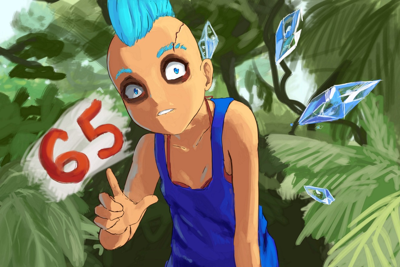 1girl alternate_costume alternate_hairstyle bikini_top blue_eyes blue_hair cirno eyeshadow madskillz_thread_oppic makeup mohawk nature outdoors parody pointing scar solo source_request tank_top teeth top touhou wings