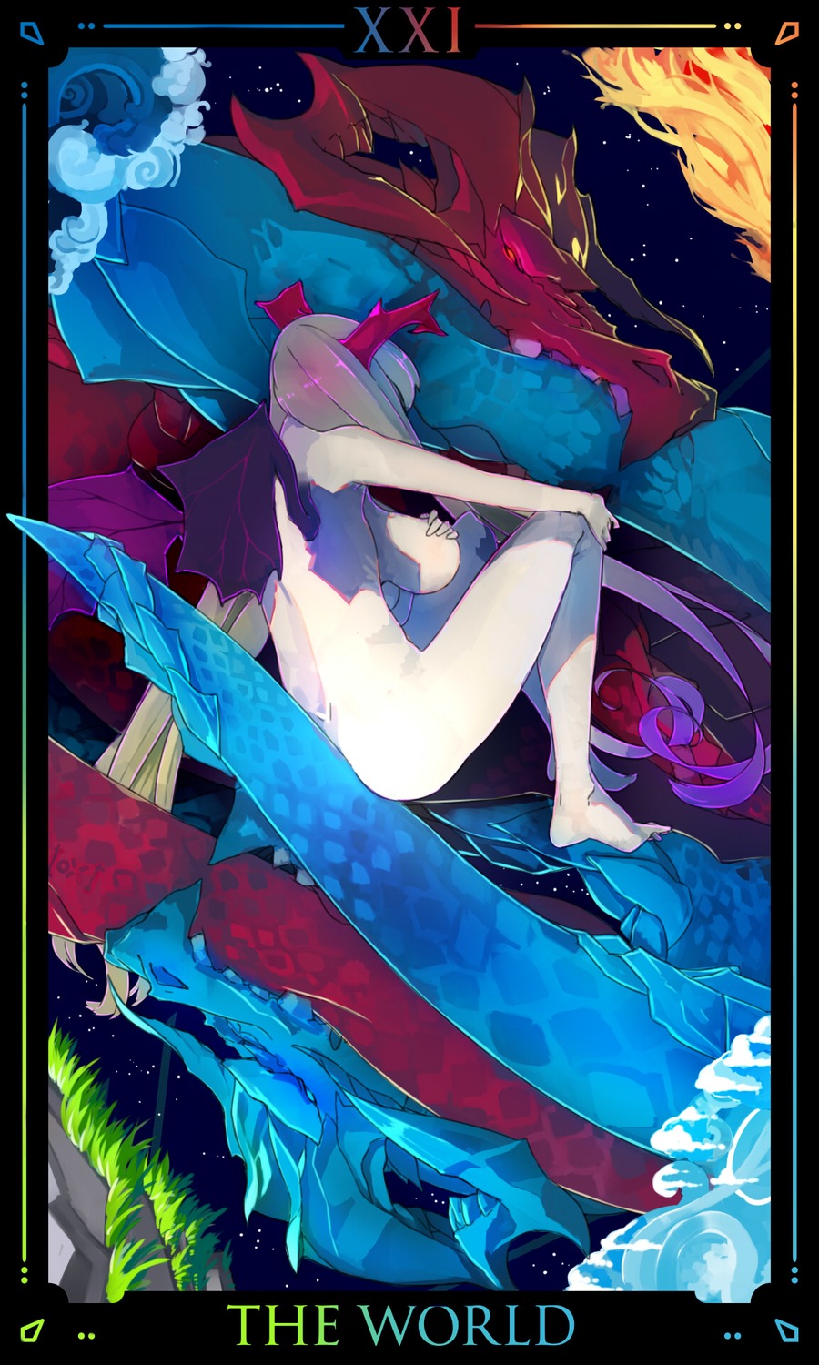 breasts dragon from_behind horns nude oxykoma_(artist) tarot the_world wings
