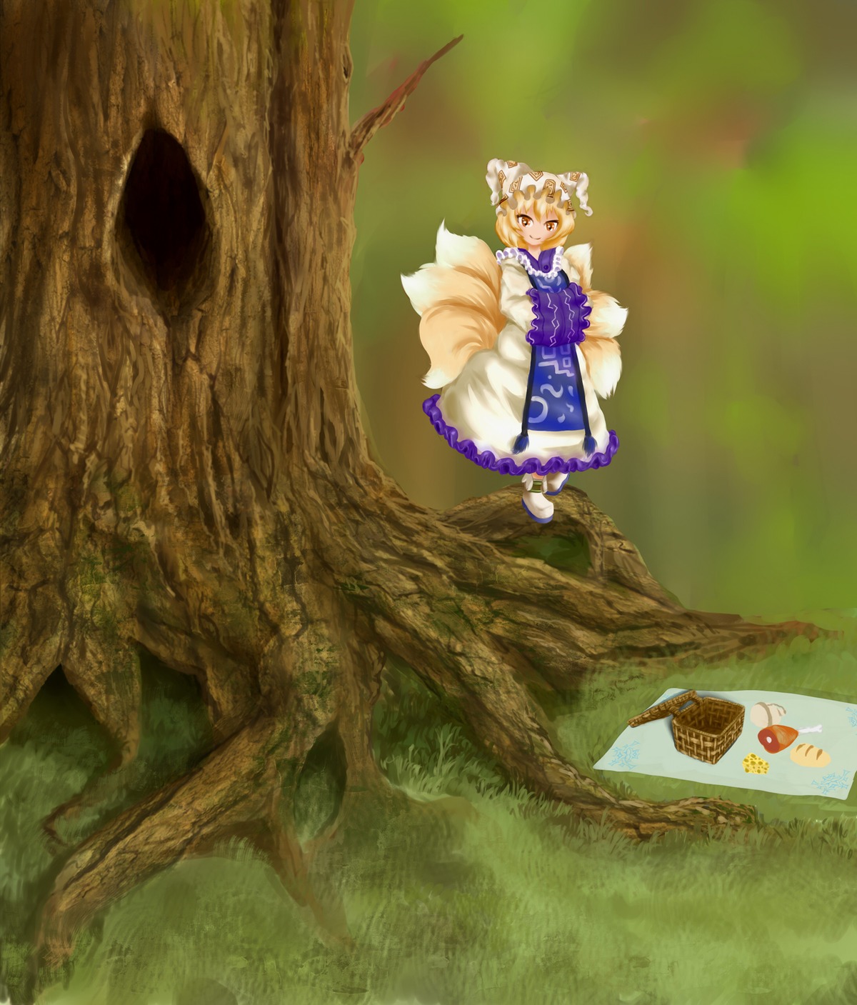1girl basket blonde_hair bread cheese dress food fox_tail grass hat meat multiple_tails orange_eyes outdoors picnic smile solo tabard tail touhou tree unfinished yakumo_ran