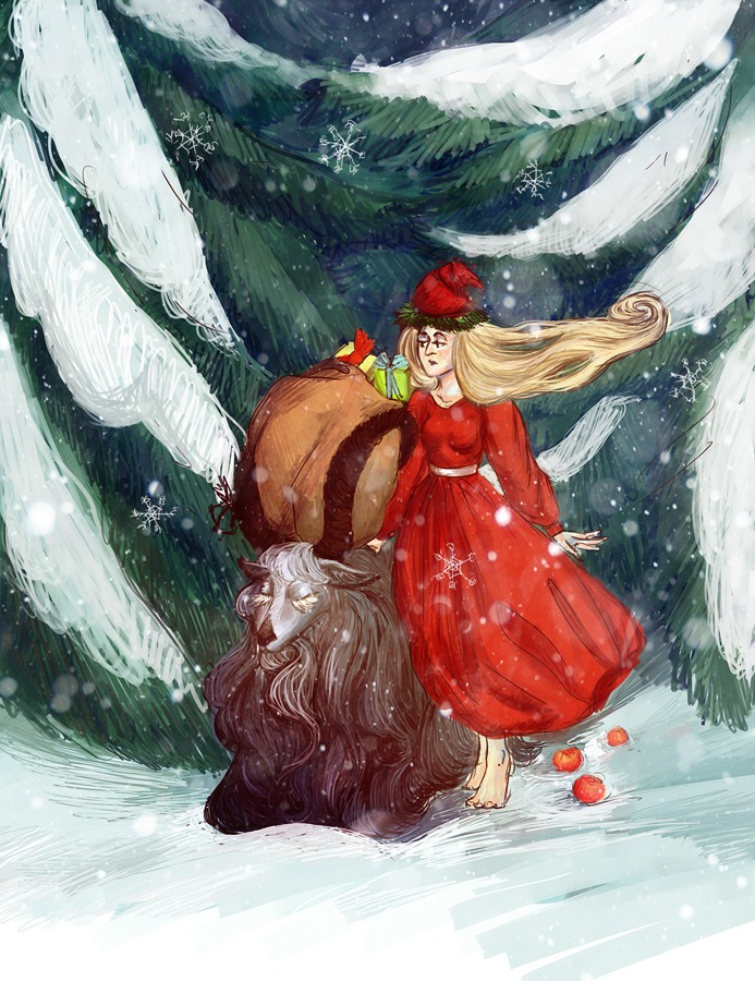 /an/ animal bare_legs blonde_hair forest gift hat long_hair new_year outdoors sack snow tree winter winter_clothes