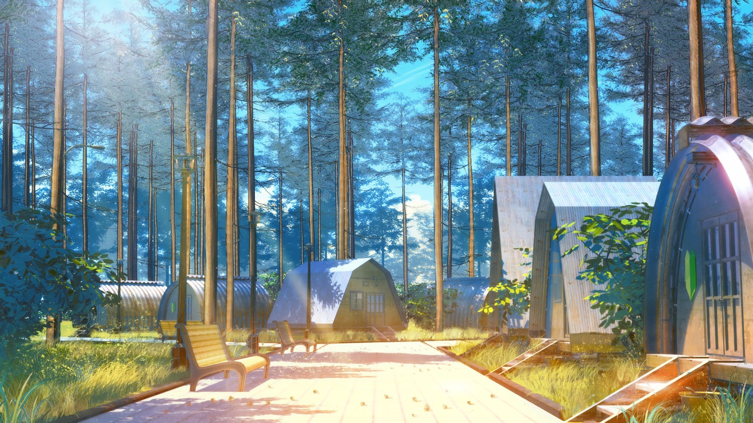 background bench camp eroge highres house no_humans outdoors possible_duplicate summer summer_camp tree