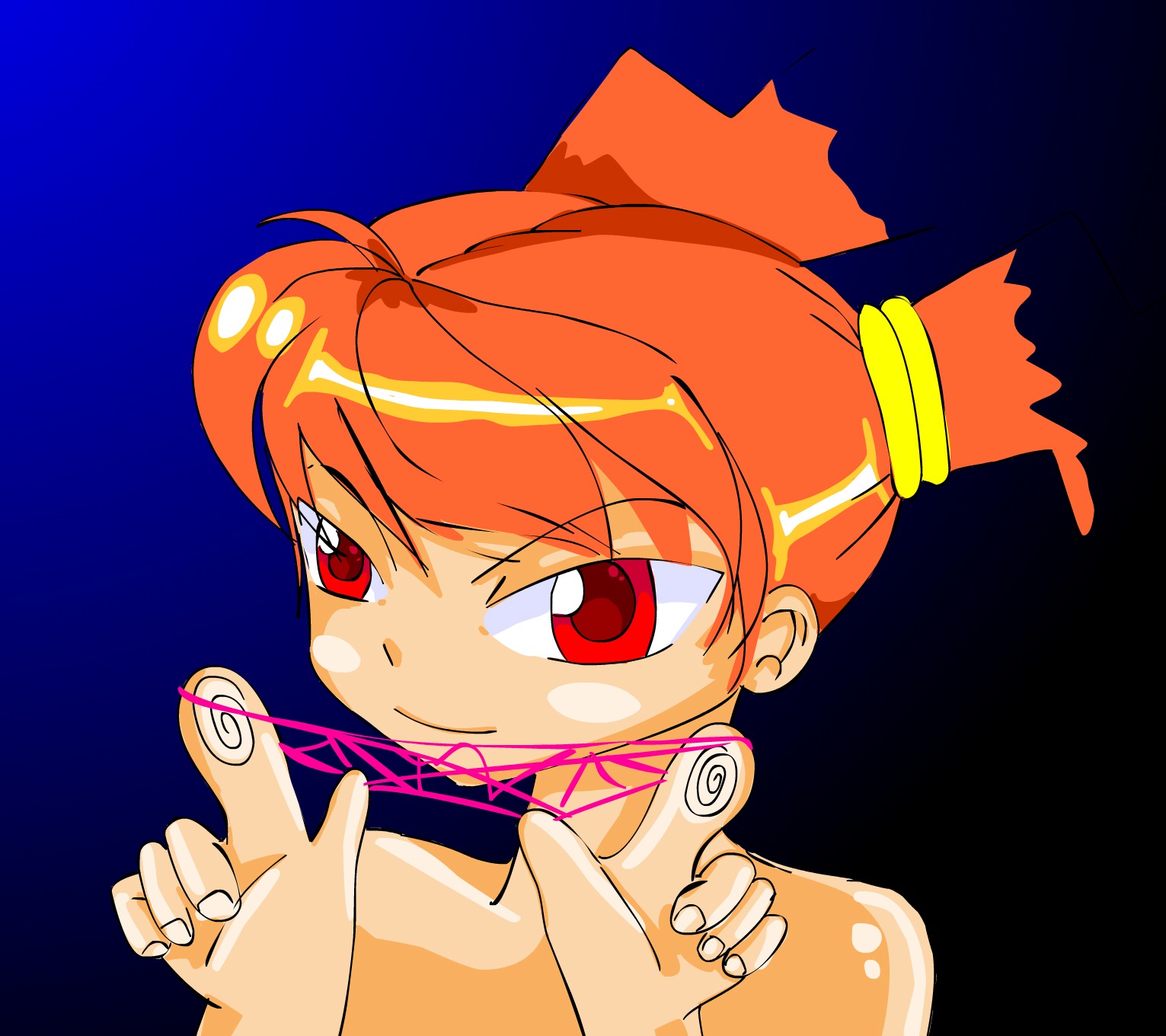 dvach-tan orange_hair red_eyes simple_background thread twintails