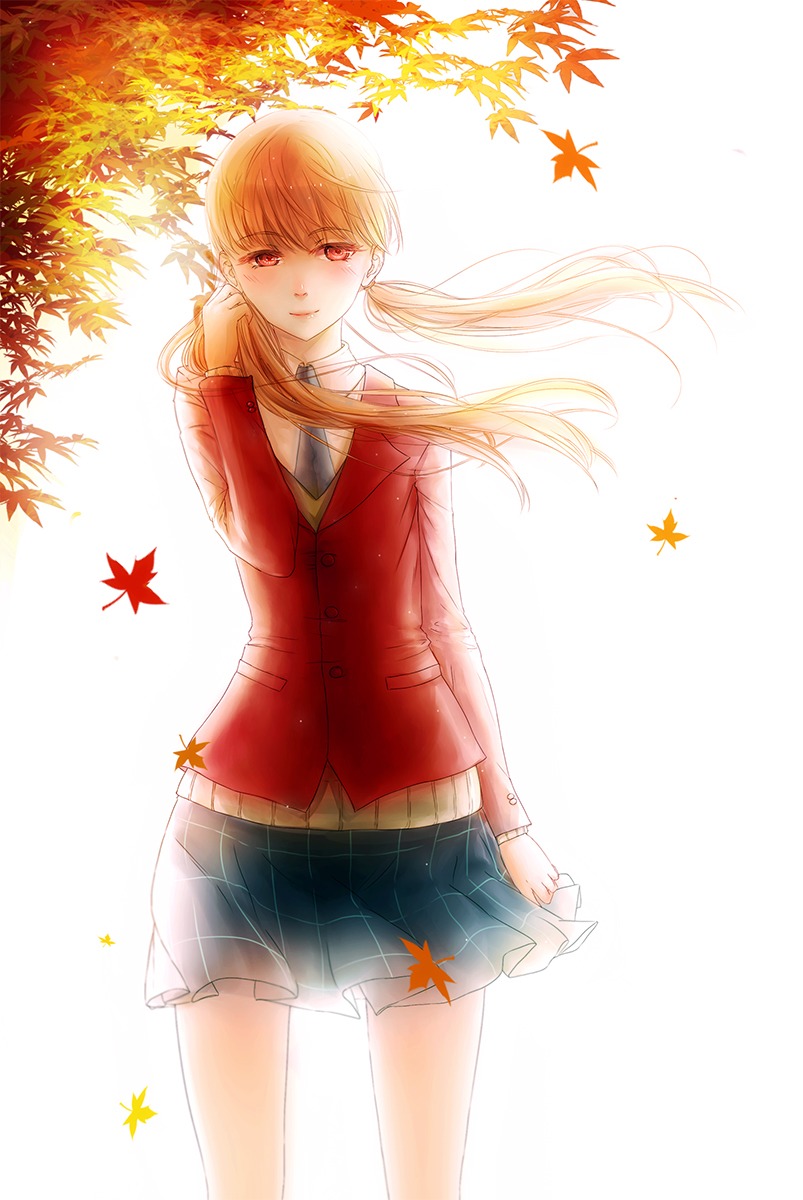 1girl autumn leaf mizutani_shizuku necktie orange_hair red_eyes school_uniform skirt solo tonari_no_kaibutsu-kun tree twintails wind
