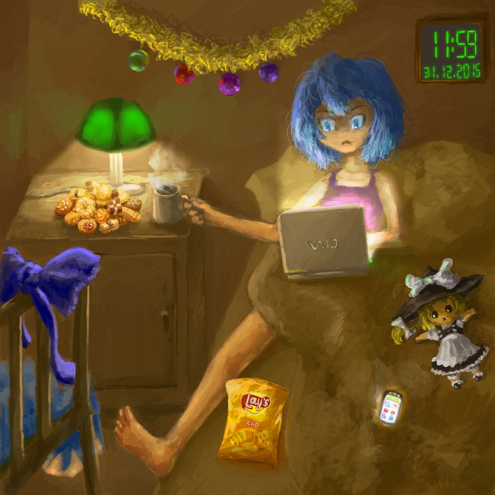 1girl barefoot bed blue_eyes blue_hair bow cellphone chips cirno clock cookies cup doll dress food indoors kirisame_marisa lamp laptop messy_hair new_year phone room short_hair solo touhou
