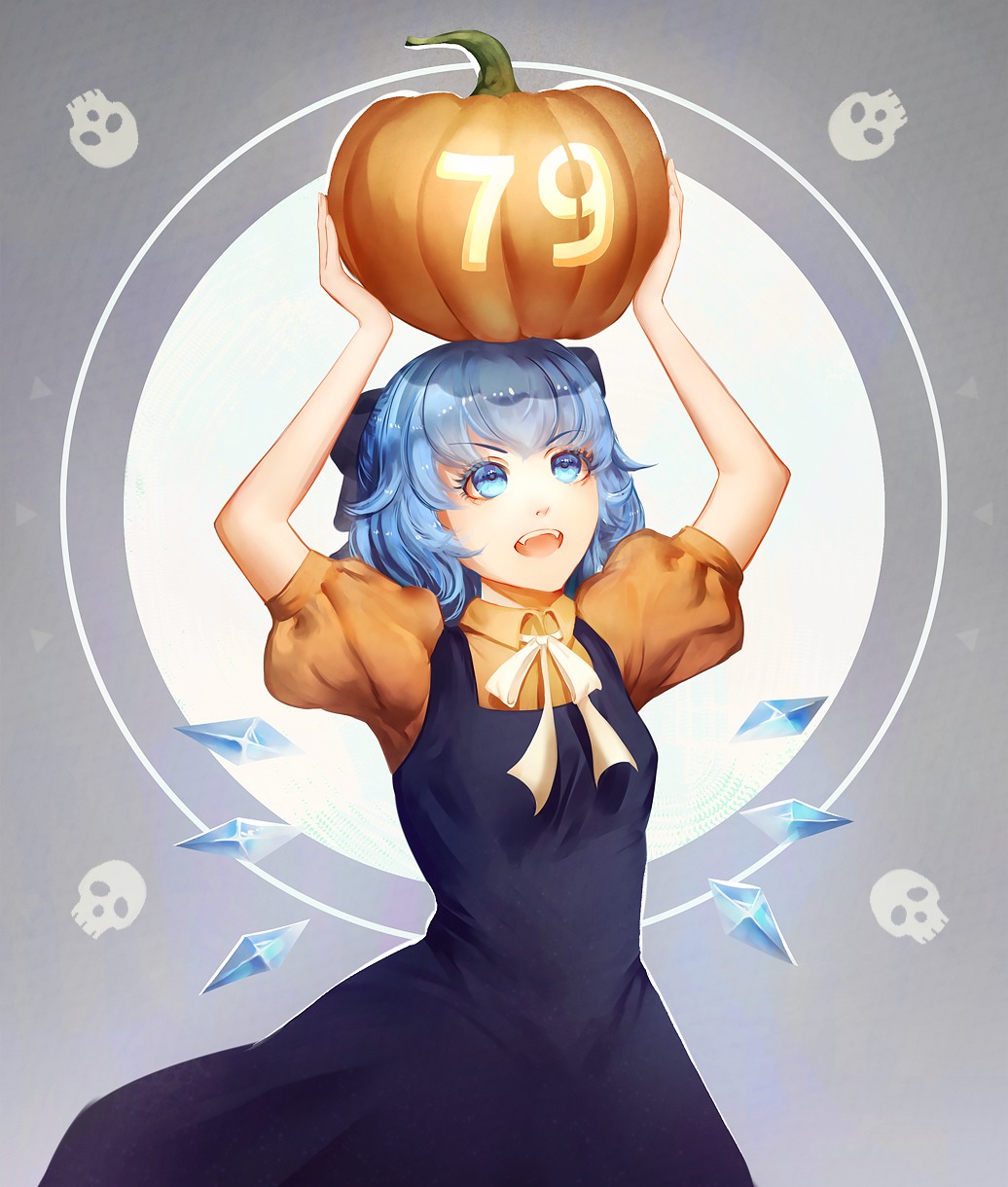 alternative_outfit arms_up blue_eyes blue_hair cirno dress halloween ice madskillz_thread_oppic pumpkin short_hair skull tie wings