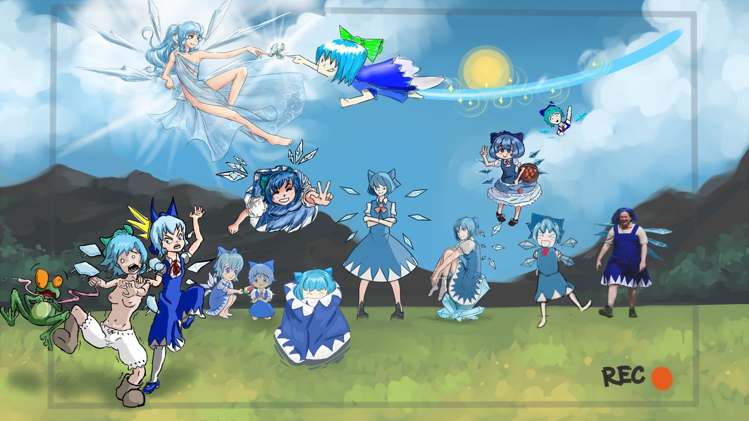 blue_eyes blue_hair bow camera cirno cloud collage dress everyone flying frog frozen_frog multiple_girls multiple_persona outdoors parody photoshop short_hair sky touhou v wallpaper wings
