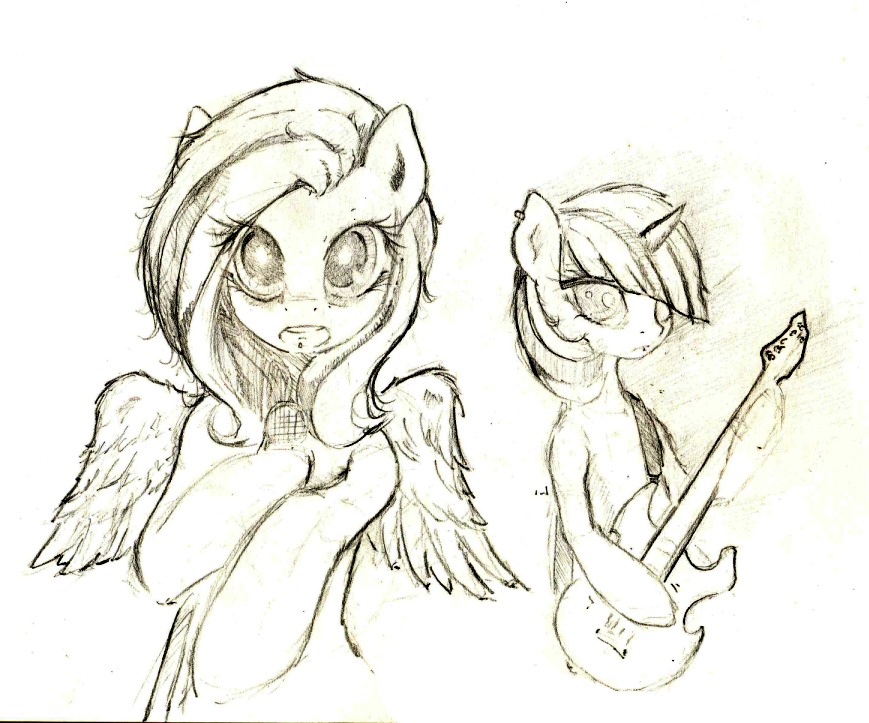 animal /bro/ character_request fluttershy furry guitar horns mare monochrome music my_little_pony my_little_pony_friendship_is_magic no_humans pegasus pony simple_background singing sketch tagme traditional_media twilight_sparkle unicorn wings