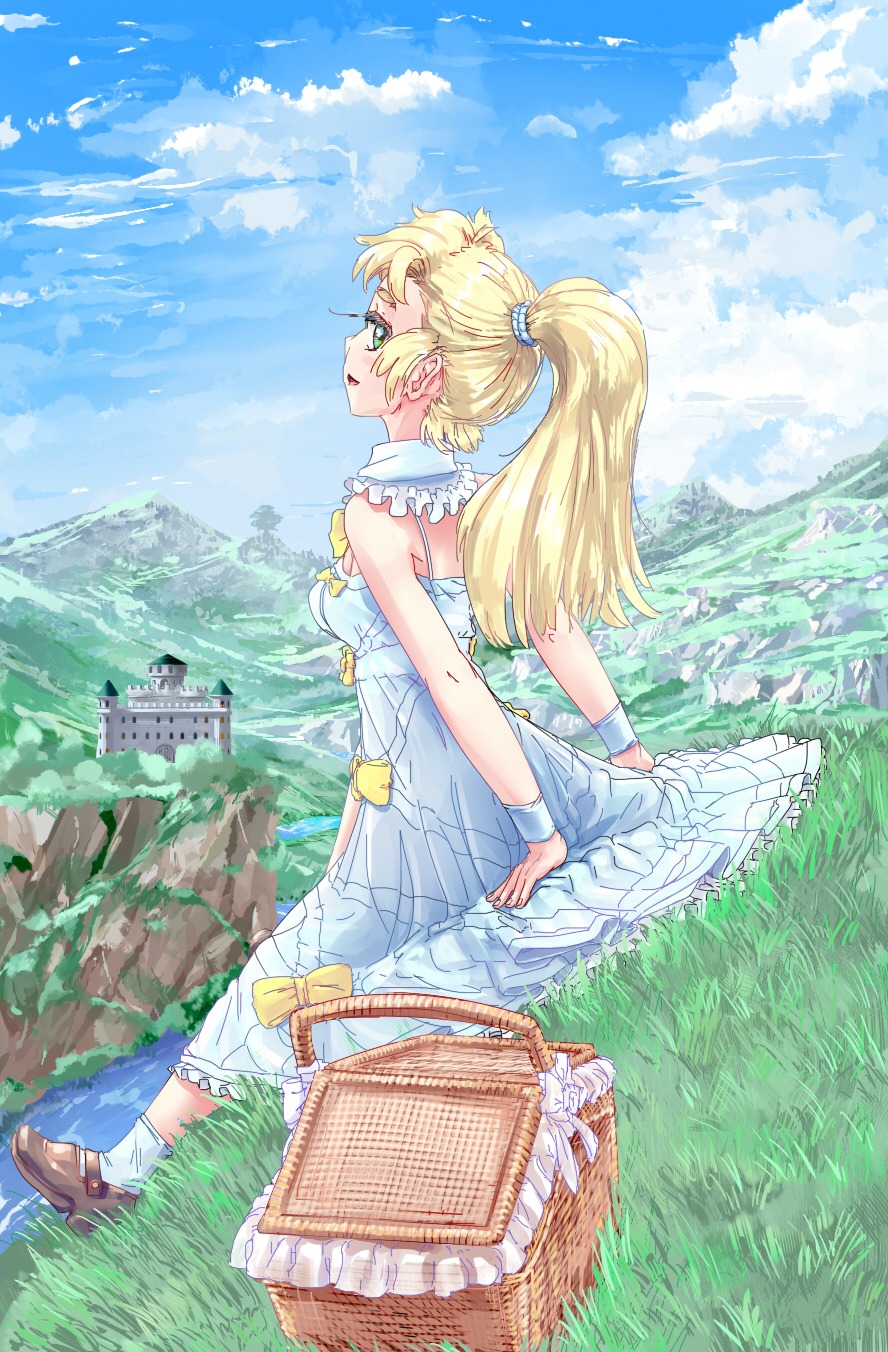 1girl basket blonde_hair bow breasts castle cloud dress f2d_(artist) frills grass green_eyes long_hair mountains outdoors ponytail shoes sitting sky socks solo
