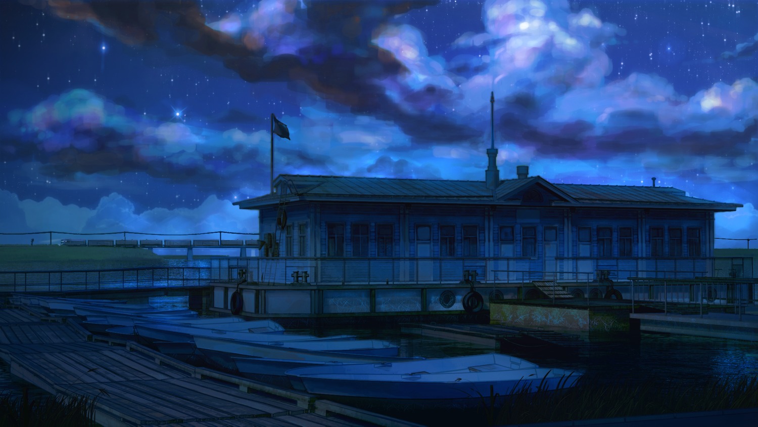 background boat cloud dark eroge highres house night no_humans outdoors sky stars summer water