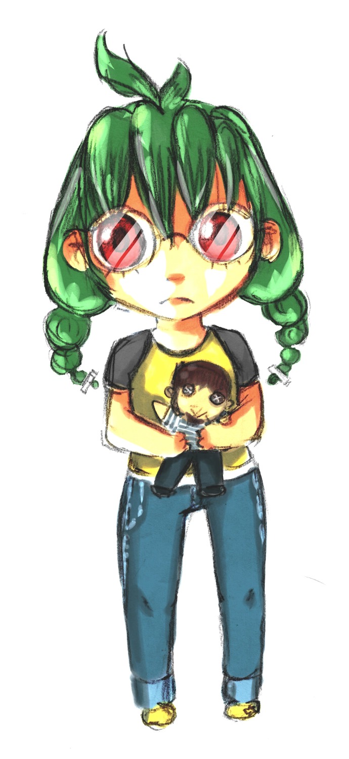 ahoge bomb-chan bomb-kun braid chibi denim glasses green_hair highres long_hair red_eyes shirt simple_background toy t-shirt twin_braids