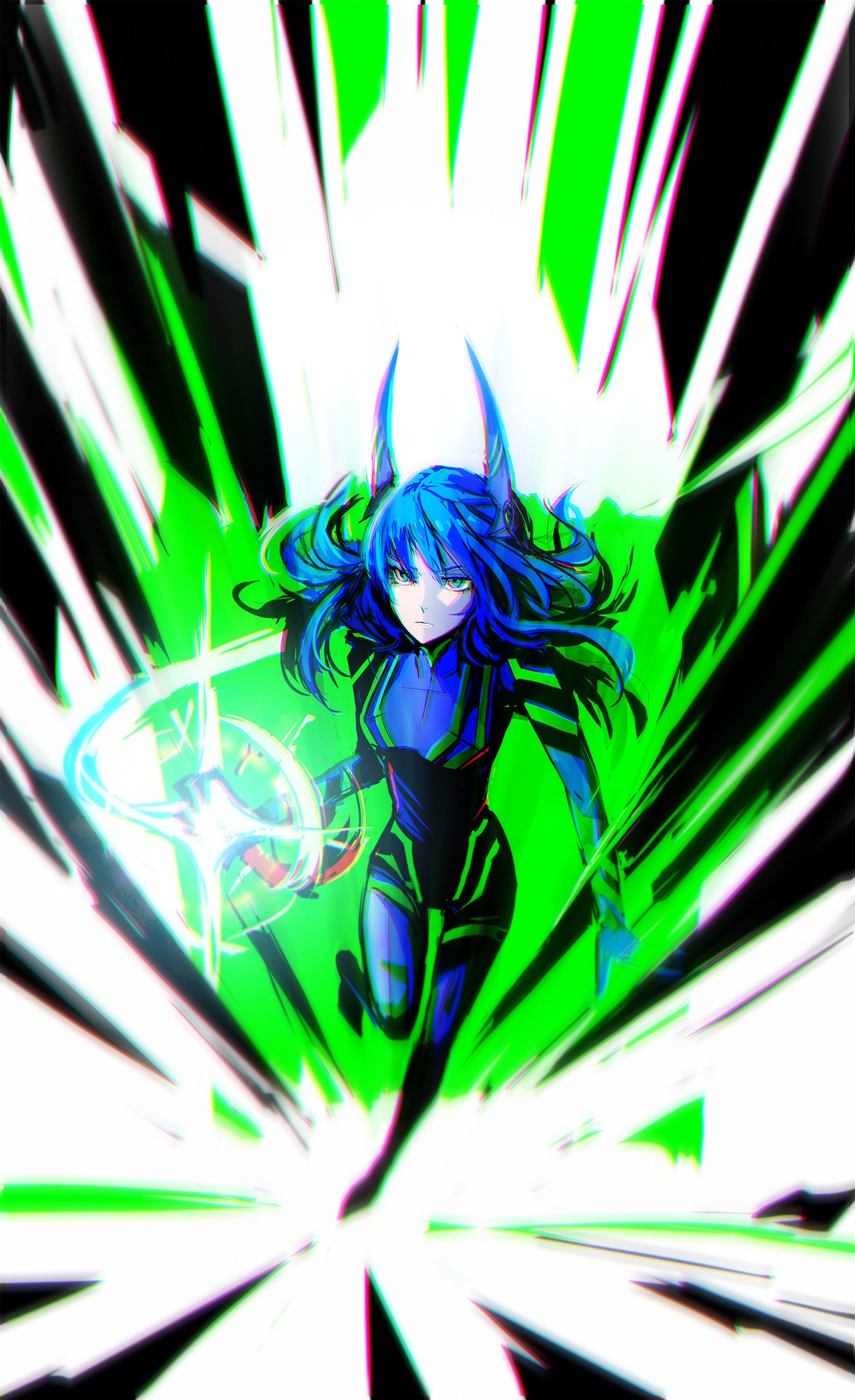 arsenixc_(artist) blue_eyes blue_hair bodysuit collider-sama horns light long_hair perspective /tan/