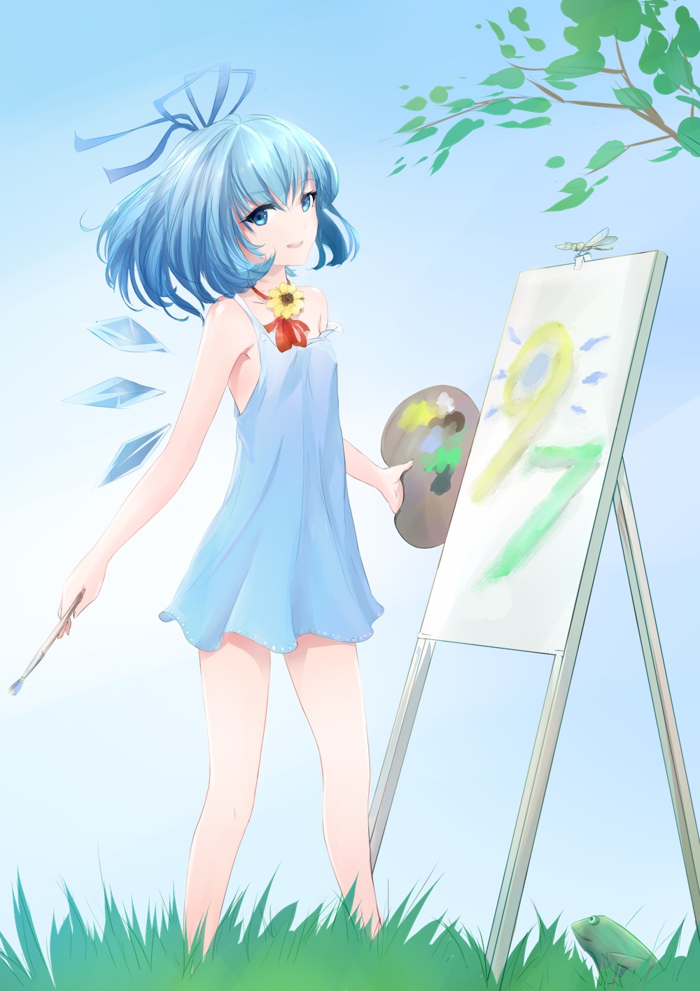 blue_eyes blue_hair brush canvas cirno dragonfly dress easel flower frog grass ice madskillz_thread_oppic paint painting ribbon short_hair smile sunflower tree tripod wings
