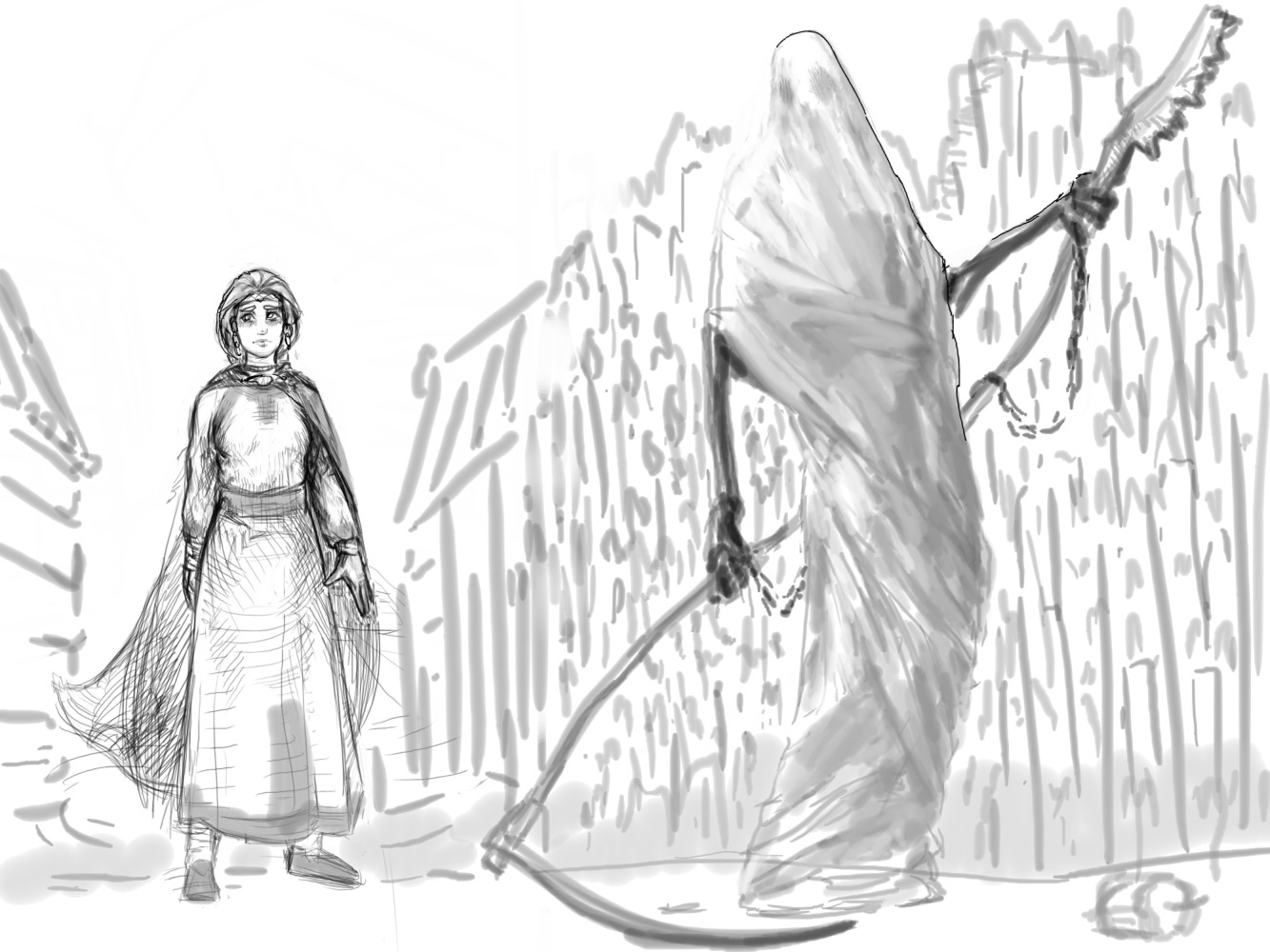 character_request cloak monochrome mythology russian scythe sketch tagme traditional_clothes