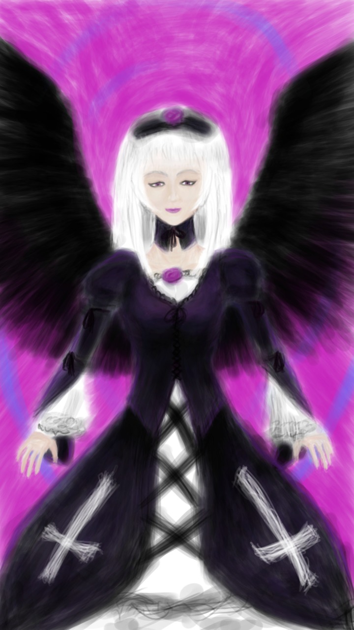 cross dress headdress lolita_fashion long_hair purple_eyes rozen_maiden suigintou white_hair wings