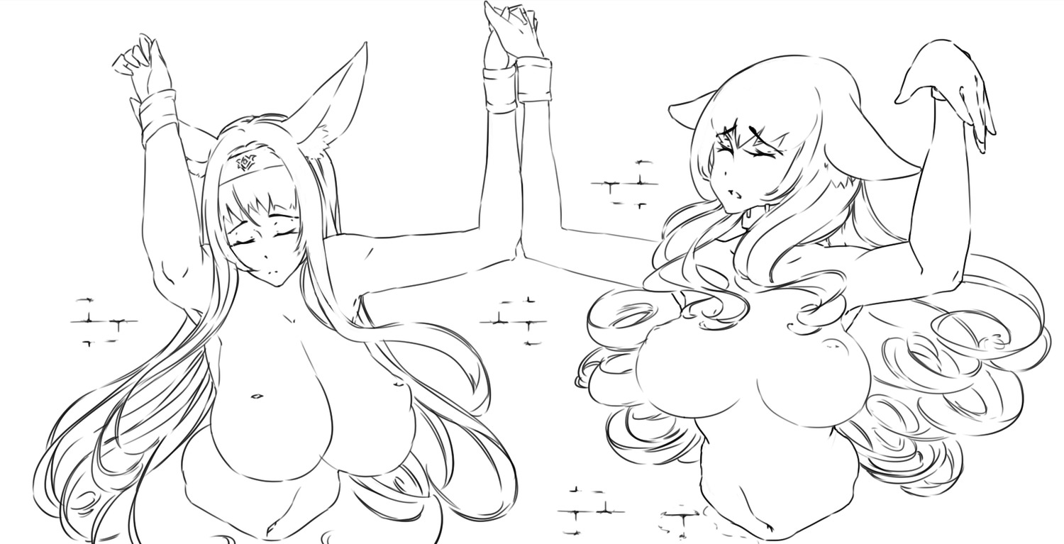 2girls animal_ears breasts cuffs curly_hair holding_hands leaning_forward lineart long_hair monochrome nude oxykoma_(artist) sketch wall