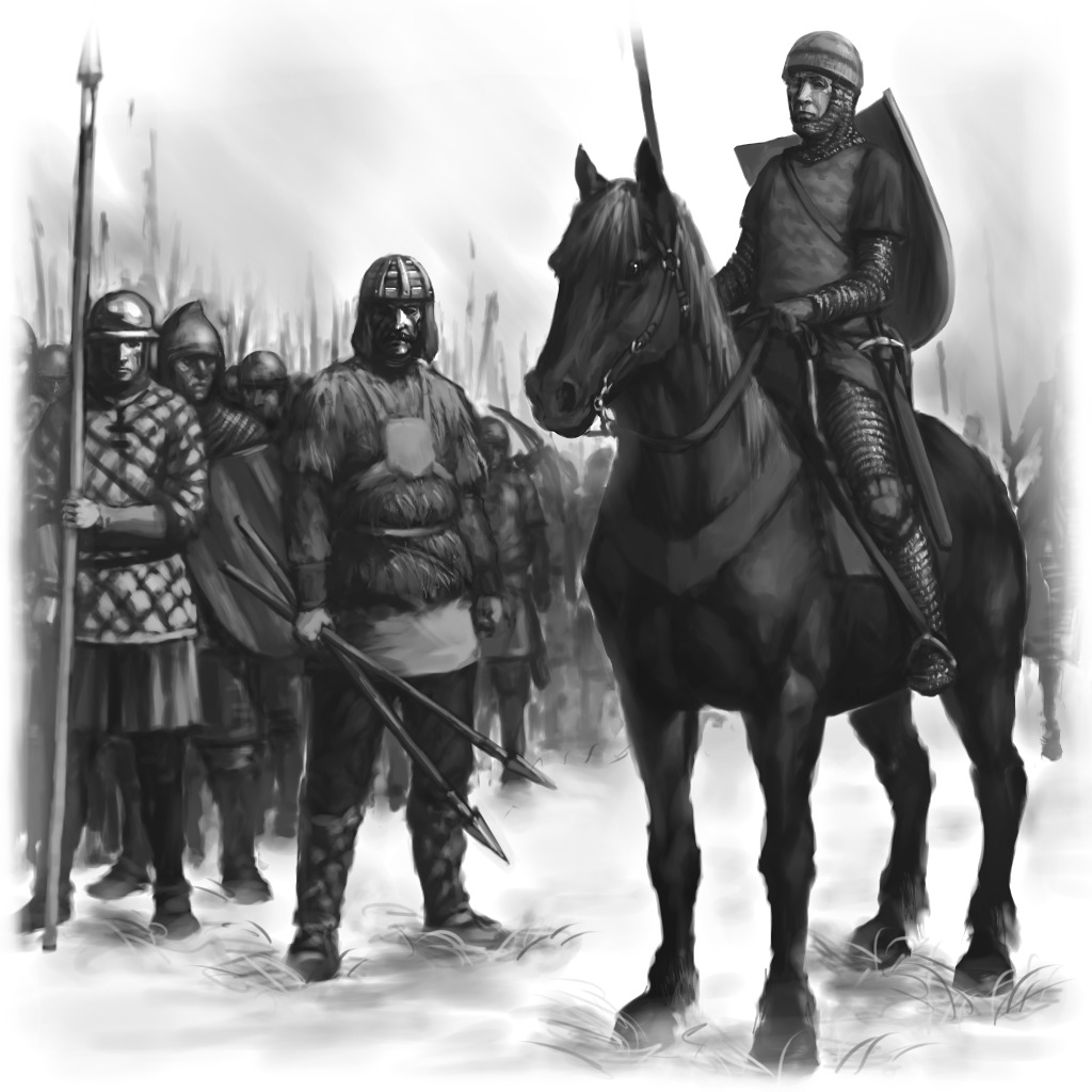 1boy /an/ animal chainmail crowd helmet horse lance medieval monochrome outdoors shield sword weapon