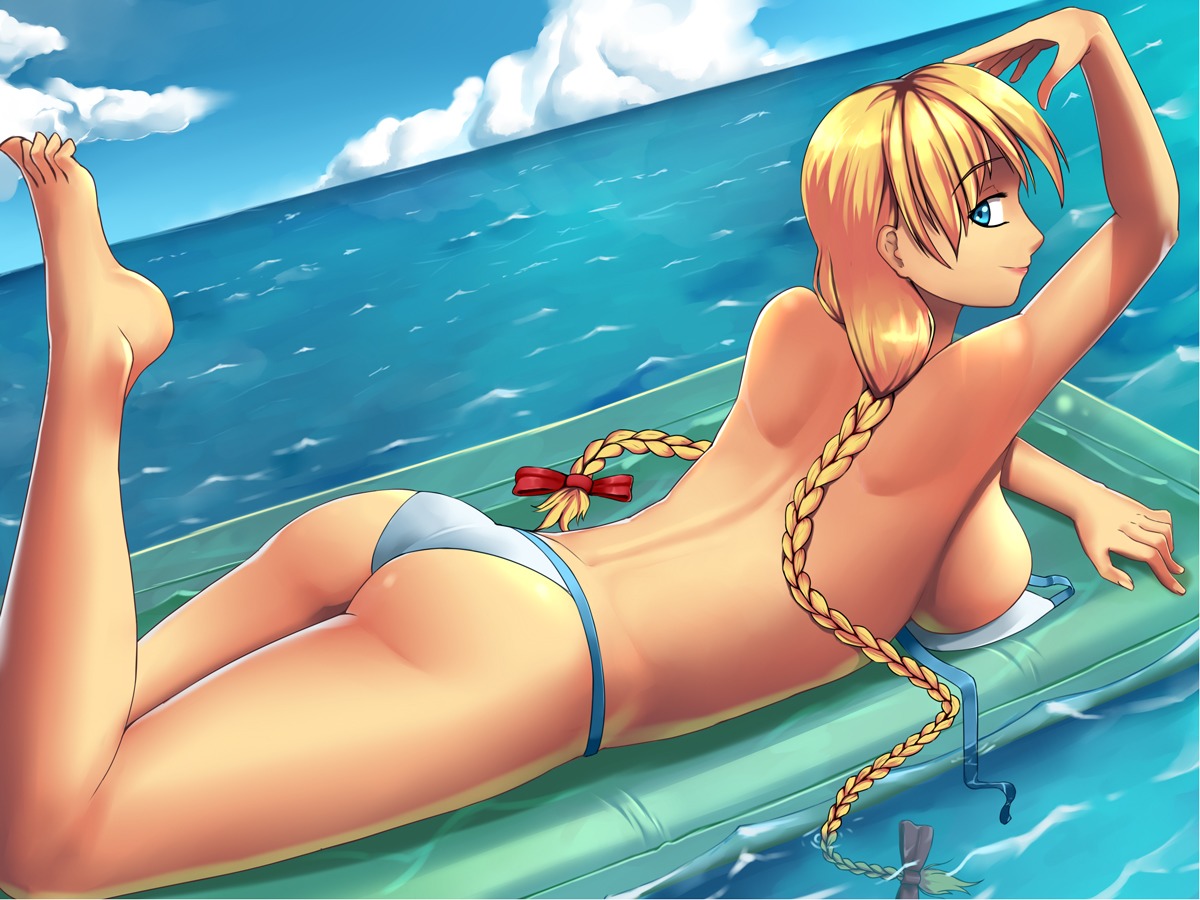 ass bikini blonde_hair blue_eyes braid breasts dutch_angle lying outdoors sky slavya-chan swimsuit twin_braids water