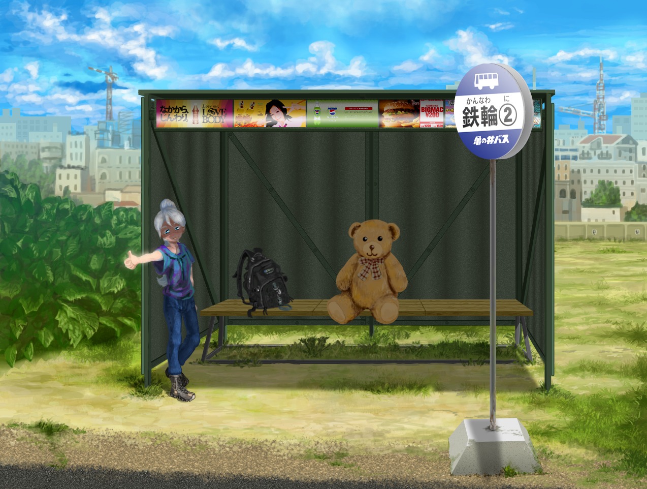 alice alice_quest backpack bag blue_eyes bus_stop city denim grey_hair outdoors ponytail shirt sign sky summer thumbs_up toy t-shirt white_hair