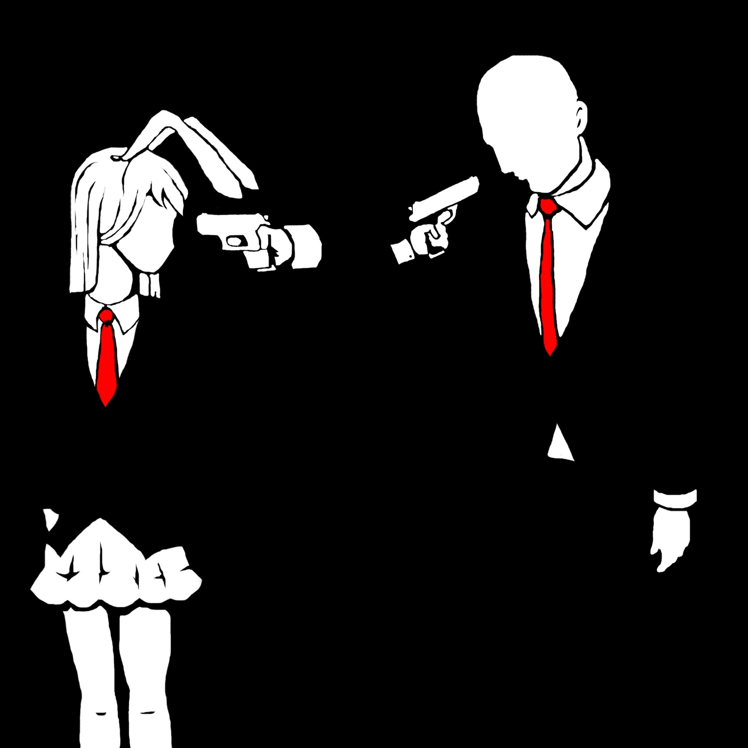 animal_ears anonymous bunny_ears business_suit faceless highres long_hair monochrome necktie pistol reisen_udongein_inaba skirt stylish touhou weapon