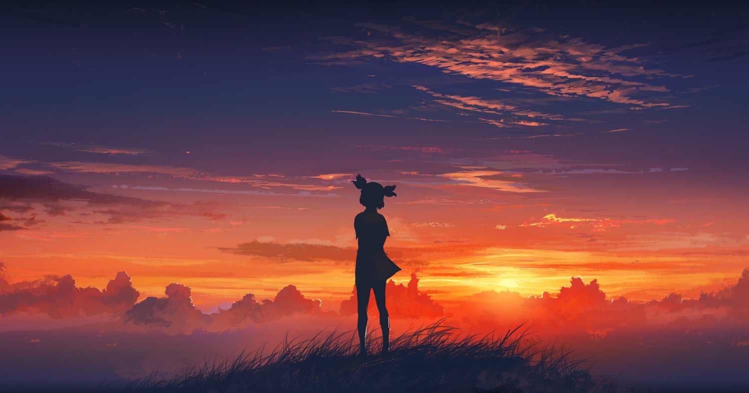 atmospheric cloud outdoors silhouette sky sunset twintails unyl-chan
