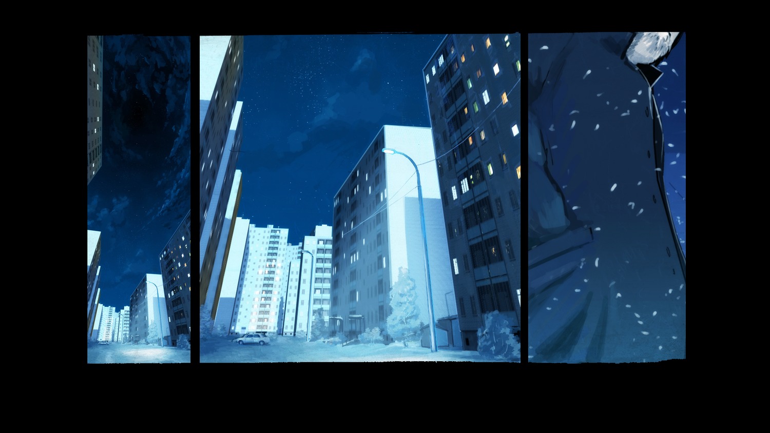 city cityscape collage eroge from_below highres house night outdoors sky snow winter