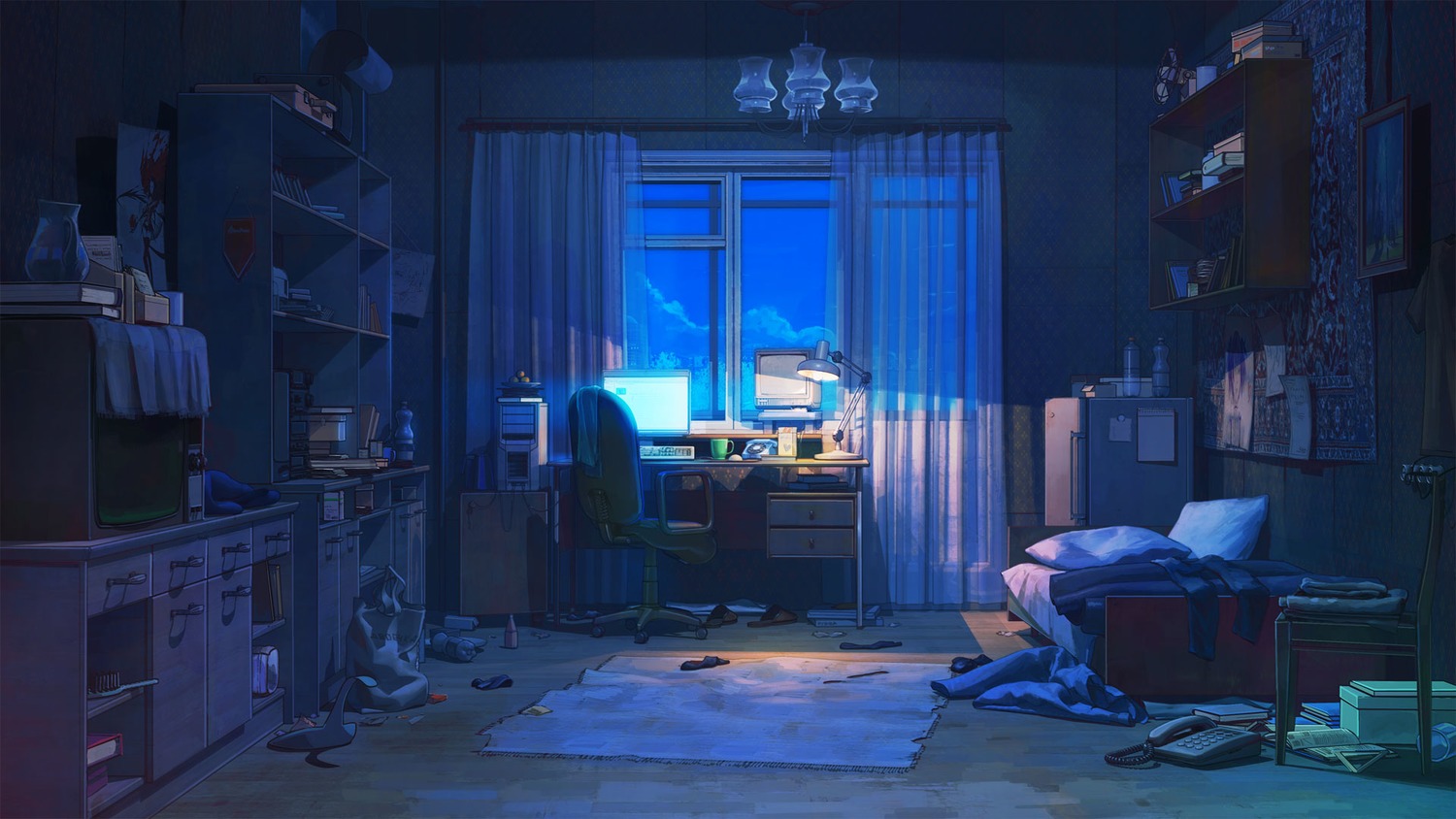 background bed bookshelf computer curtains eroge highres night no_humans room table television window