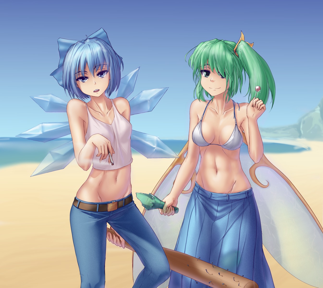 2girls alternate_costume bat beach belt bikini_top blue_eyes blue_hair bottle bow breasts candy cigarette cirno contemporary crop_top daiyousei denim green_eyes green_hair hater_(artist) holding lollipop long_hair midriff multiple_girls navel open_mouth outdoors pants sand short_hair side_ponytail skirt smile tank_top /to/ touhou weapon wings