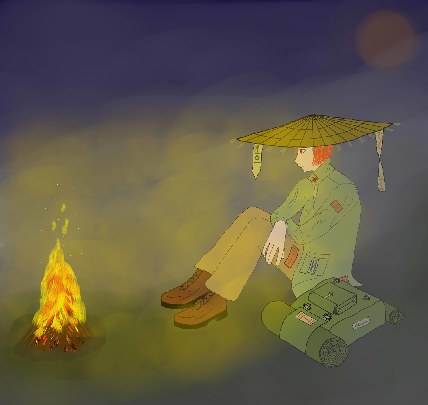 1boy bag campfire fire hat highres night outdoors sitting