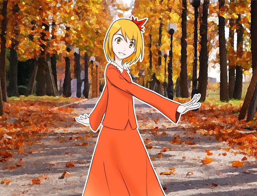 aki_shizuha autumn blonde_hair orange_eyes outdoors short_hair /to/ touhou tree