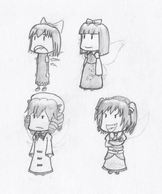 4girls bow chibi cirno drill_hair fairy fang hat headdress luna_child monochrome multiple_girls sketch star_sapphire sunny_milk /to/ touhou twintails wings