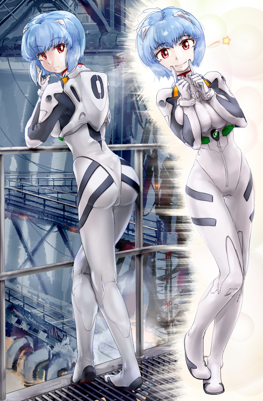 ass ayanami_rei blue_hair bodysuit breasts f2d_(artist) finger_smile from_behind has_child_posts indoors neon_genesis_evangelion plugsuit red_eyes short_hair smile star