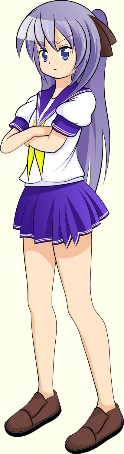 1girl blue_eyes crossed_arms frown game_sprite hiiragi_kagami long_hair /ls/ lucky_star purple_hair school_uniform serafuku shoes simple_background skirt solo transparent_background tsundere twintails