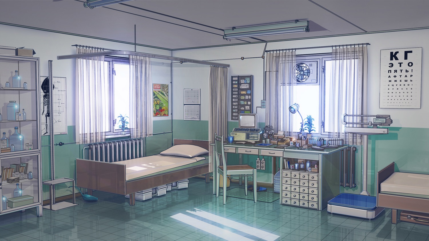 background bed computer curtains eroge highres infirmary poster russian soviet table