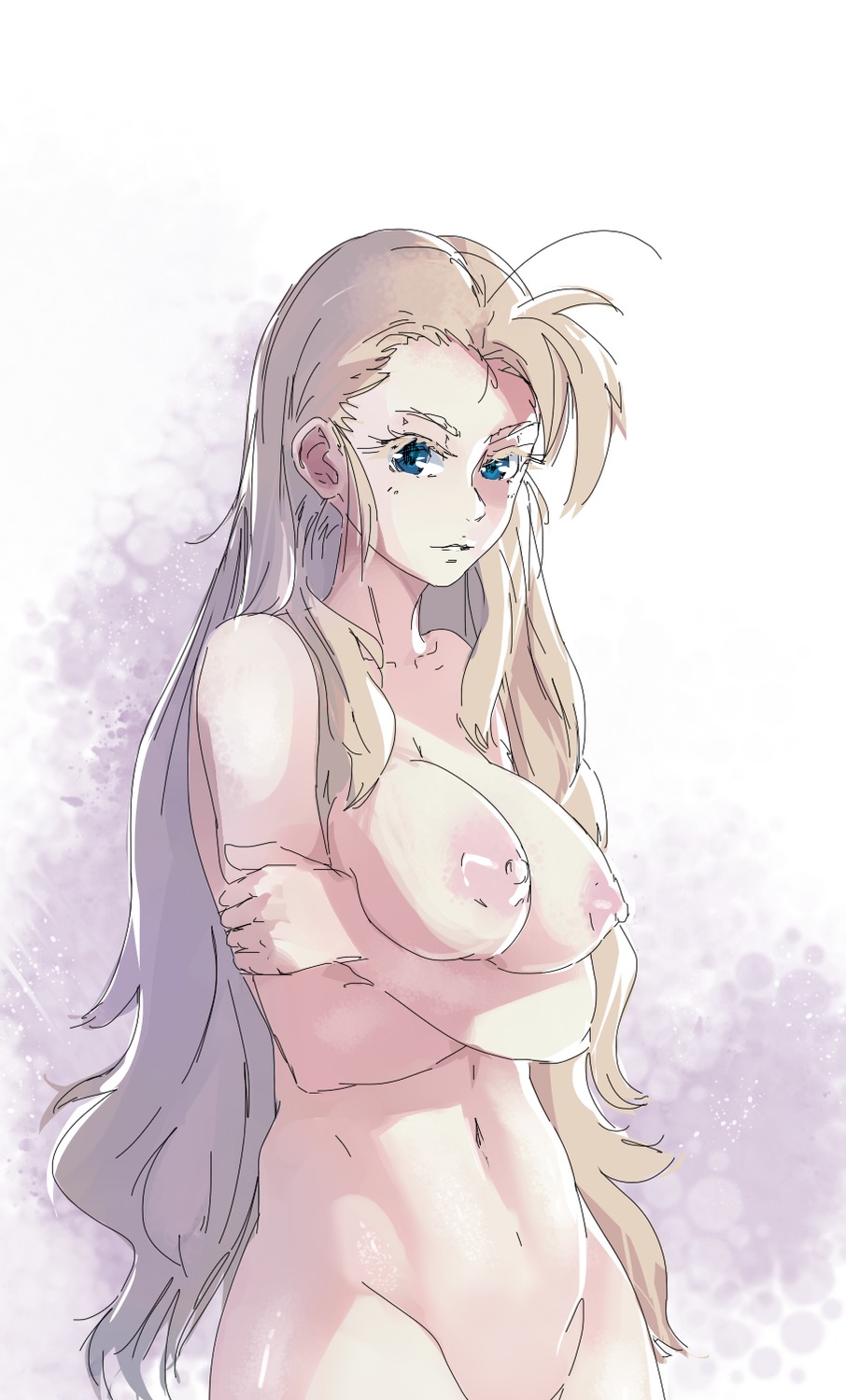 1girl blonde_hair blue_eyes breasts collaboration colored crossed_arms f2d_(artist) long_hair nipples nude oxykoma_(artist) solo