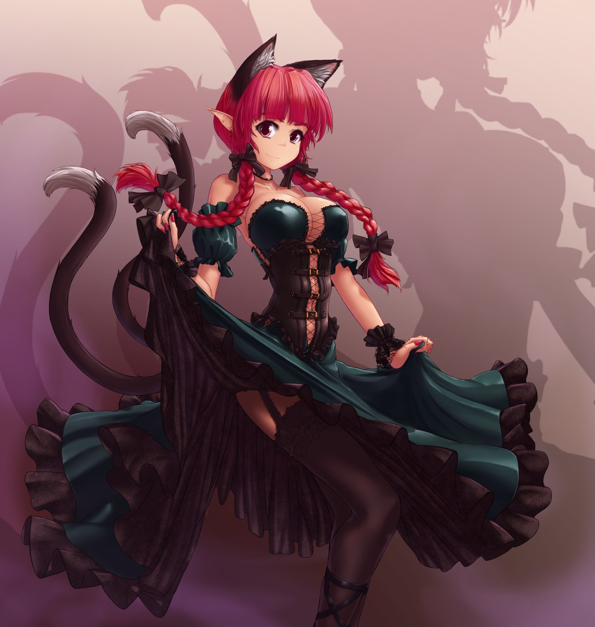 animal_ears braid breasts cat_ears cleavage corset dress earrings frills garter_straps hater_(artist) kaenbyou_rin long_hair nail_polish pointy_ears red_eyes red_hair skirt_hold smile tail thighhighs /to/ touhou twin_braids upskirt wrist_cuffs zettai_ryouiki