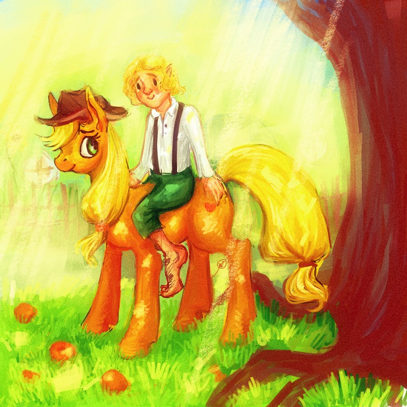 1boy /an/ animal apple applejack bilbo_baggins blonde_hair crossover hat hobbit main_page mare my_little_pony my_little_pony_friendship_is_magic nature outdoors pony riding the_hobbit tree