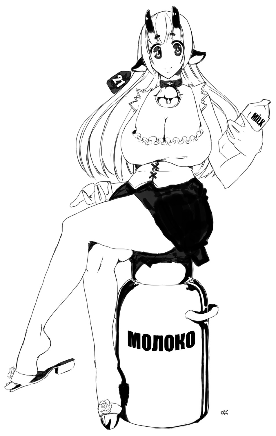 animal_ears bell breasts cleavage collar cow cow_ears cow_girl ear_label highres horns large_breasts long_hair milk monochrome oxykoma_(artist) skirt