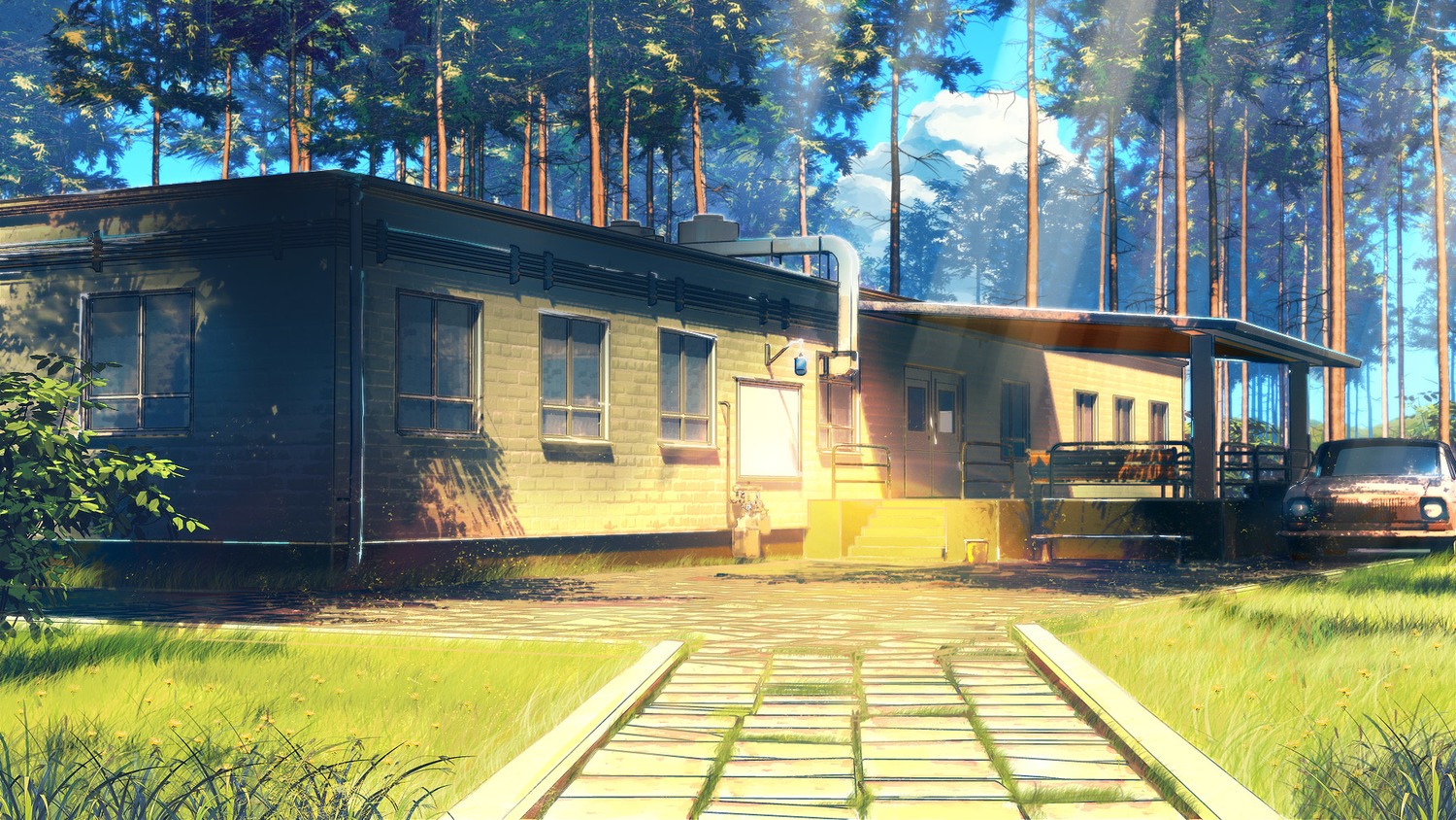 background car eroge highres house no_humans outdoors summer tree