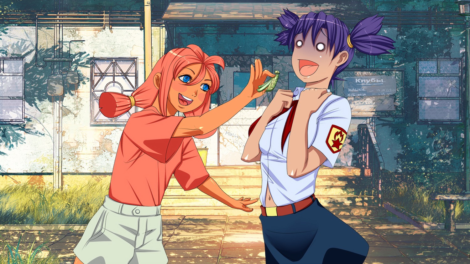 2girls blush darkening do_not_want eroge game_cg hands_on_chest highres insect necktie open_mouth outdoors pioneer pioneer_tie pioneer_uniform purple_hair red_hair scared shirt shorts skirt smile summer teeth tree t-shirt twintails unyl-chan ussr-tan