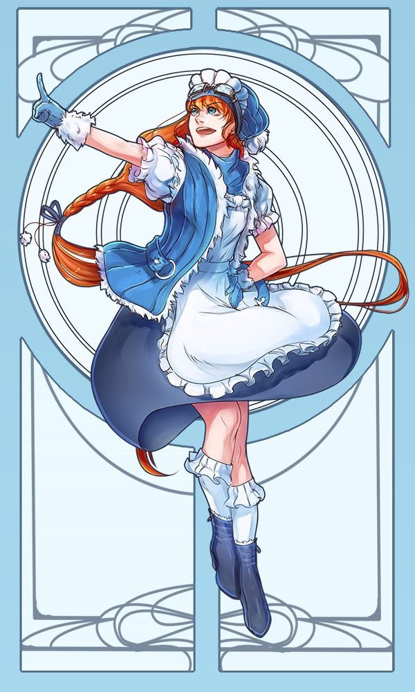 1girl apron blue_eyes boots braid gloves goggles hand_on_hip hat kneesocks long_hair maid_headdress open_mouth orange_hair pointing solo very_long_hair