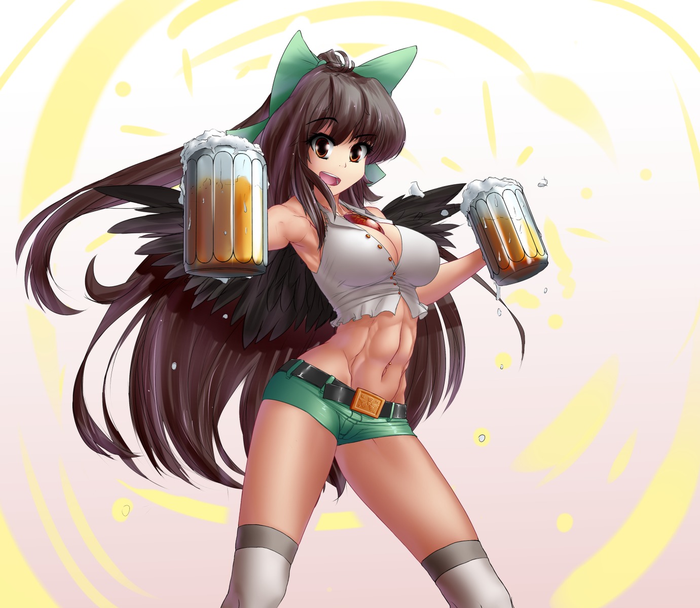 alcohol alternate_costume beer bow breasts brown_hair cleavage contemporary glass hater_(artist) long_hair midriff muscles navel piercing red_eyes reiuji_utsuho shirt shorts smile third_eye /to/ touhou wings