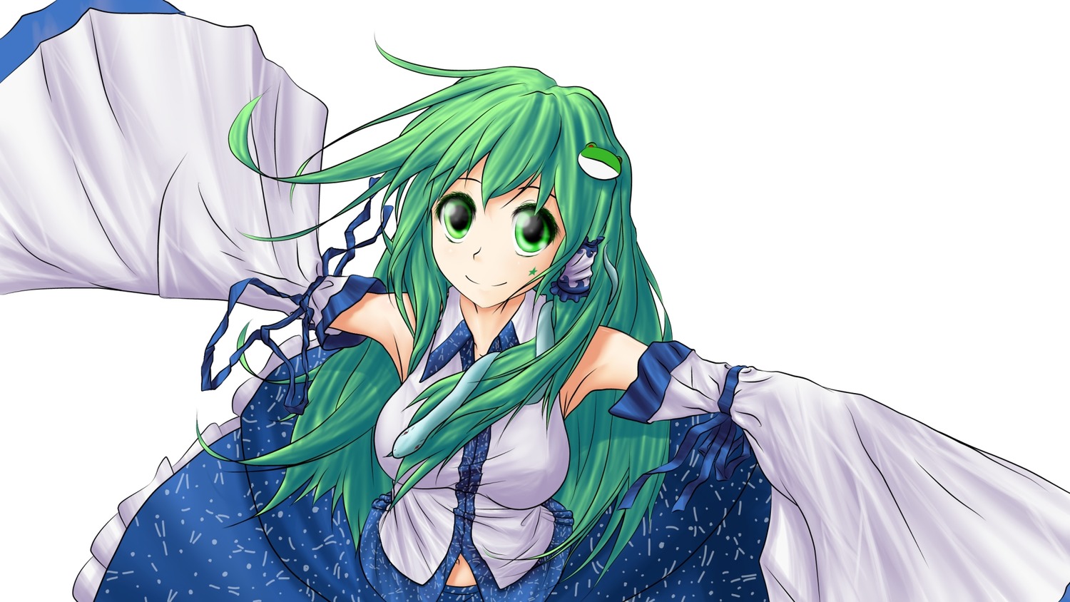 detached_sleeves from_above green_eyes green_hair hairpin hater_(artist) kochiya_sanae long_hair smile spread_arms touhou