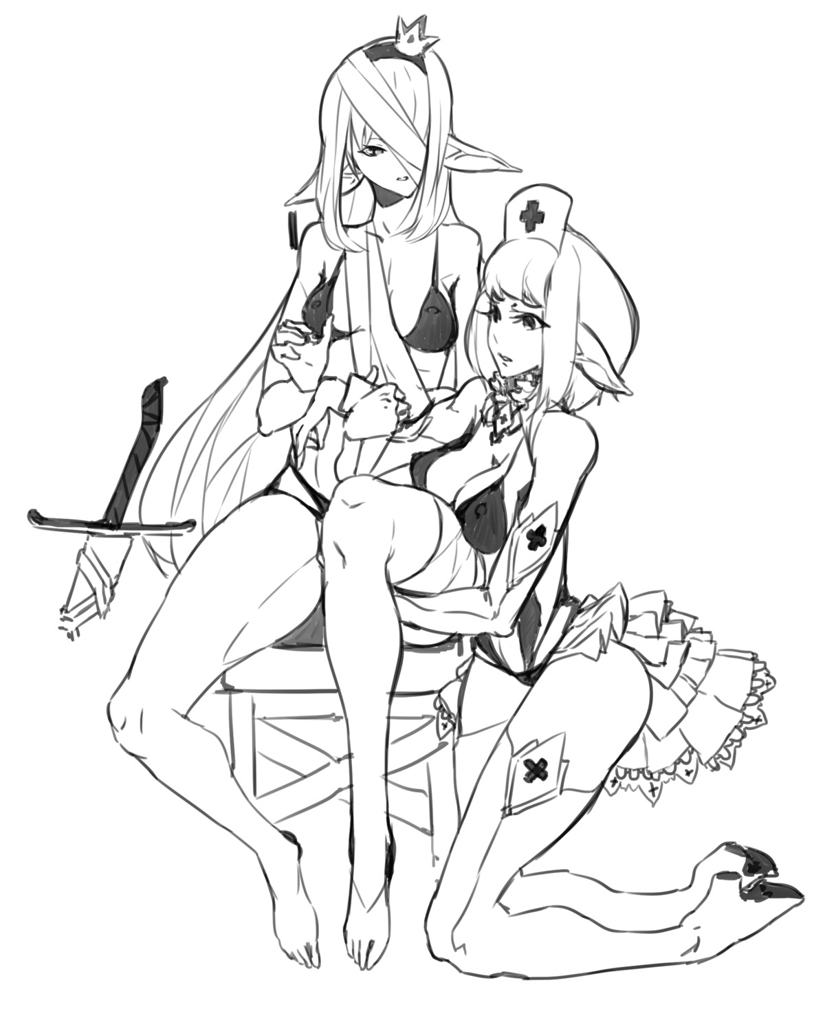 2girls bandages barefoot bikini boots breasts cross crown elbow_gloves elf gloves highres kneeling long_hair monochrome multiple_girls nurse nurse_cap oxykoma_(artist) pointy_ears short_hair simple_background sitting sketch sword thigh_boots thighhighs weapon
