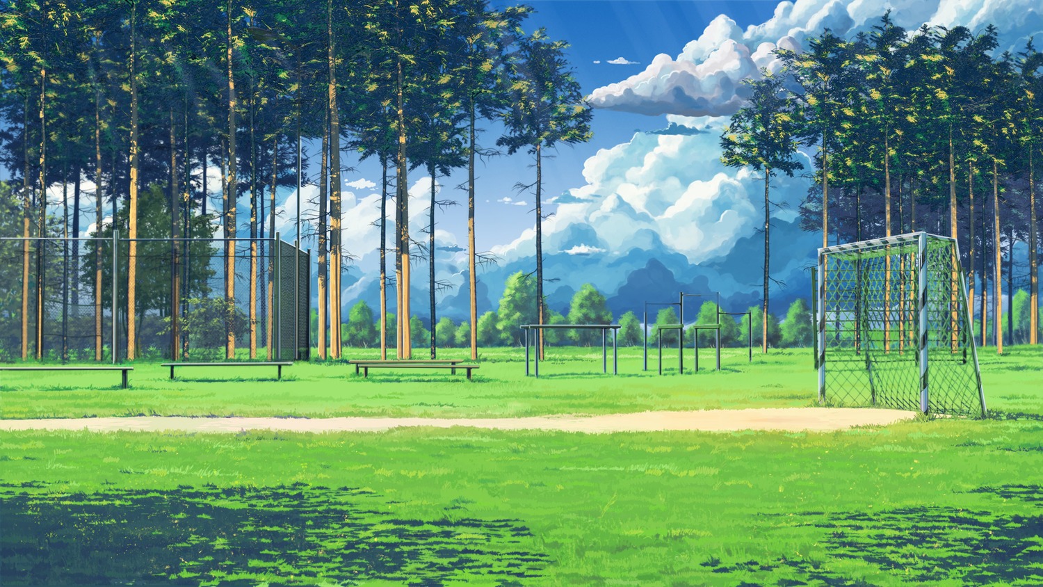 background cloud eroge grass highres no_humans outdoors playground sky soccer_field summer tree