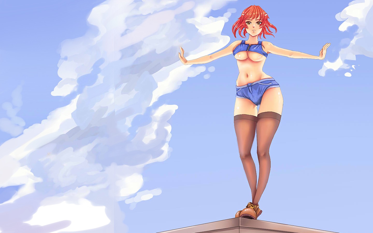 breasts cameltoe cloud crop_top outdoors outstretched_arms red_hair short_hair shorts sky thighhighs wallpaper yellow_eyes