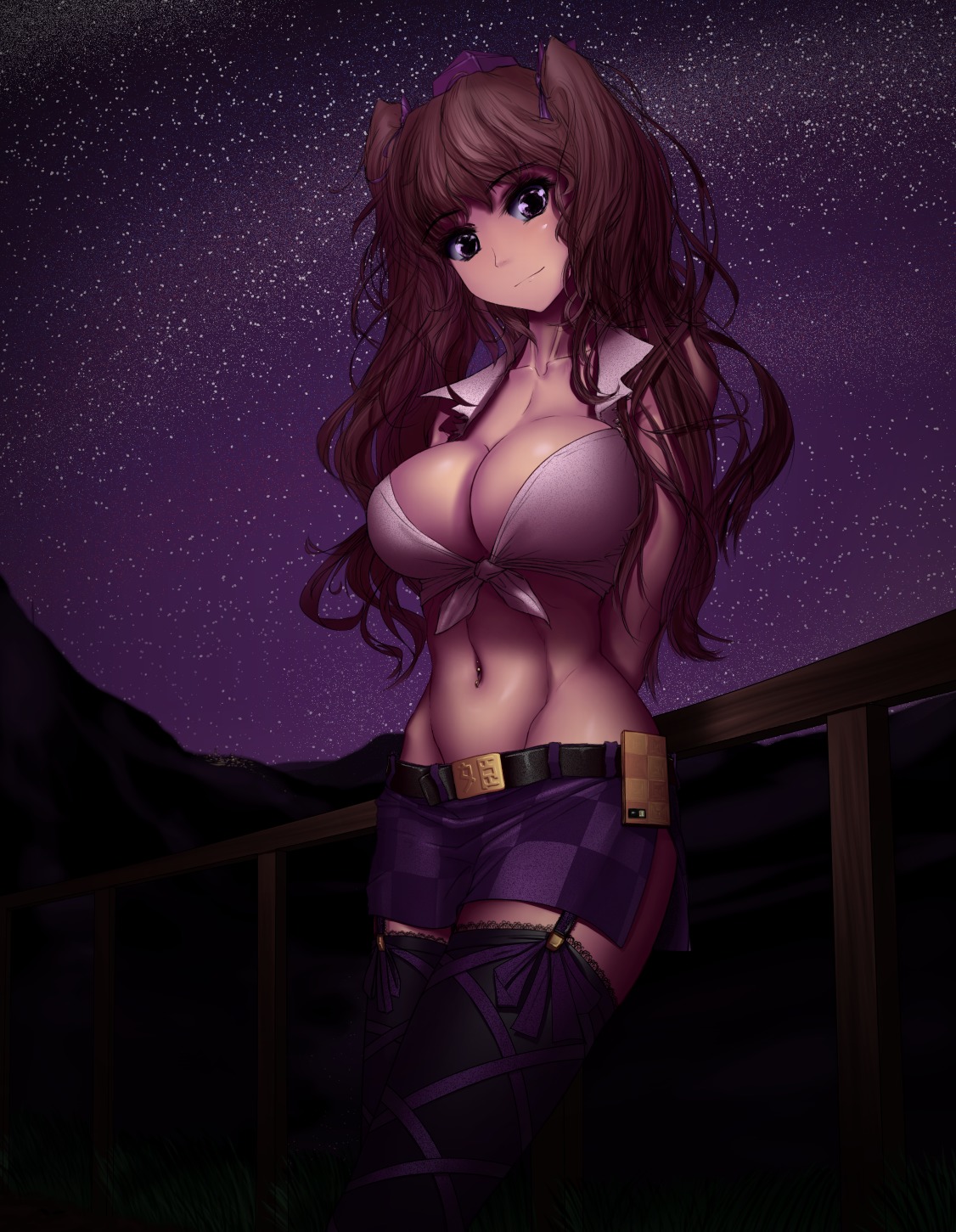 alternative_outfit belt breasts brown_hair camera cleavage contemporary curly_hair dark garter_straps hat hater_(artist) himekaidou_hatate long_hair midriff navel night outdoors piercing shirt skirt sky stars thighhighs /to/ touhou twintails zettai_ryouiki